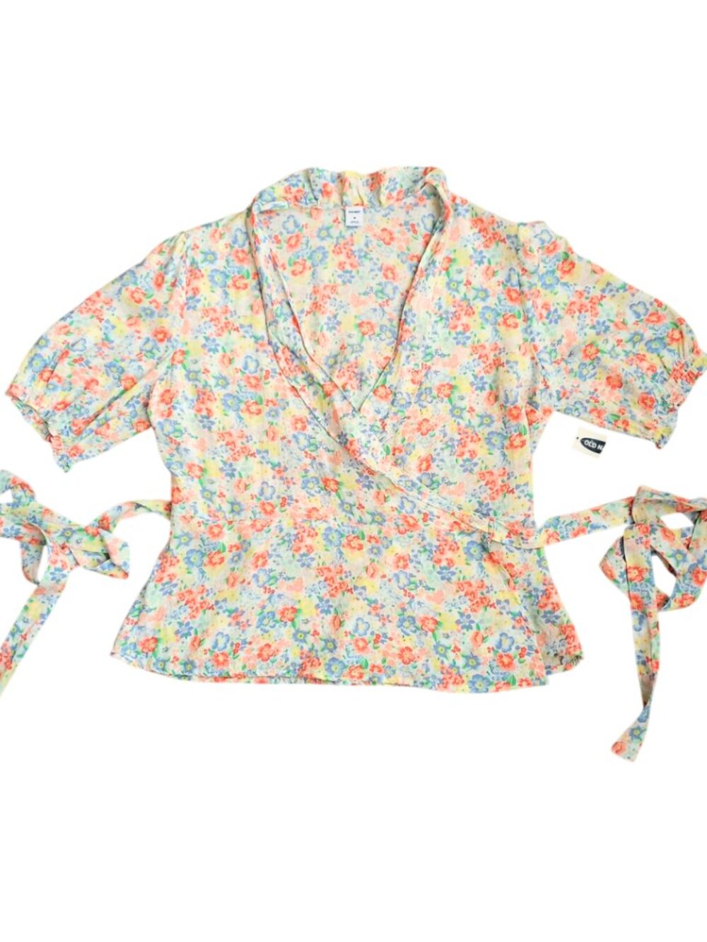 Old Navy Floral Wrap Top - Short Sleeve V-Neck Tie Waist Blouse Size M
